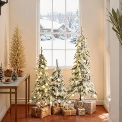 LuxenHome 3-Piece Flocked Artificial Tree Set With Lights And Metal Stand Green -Garden GUEST c2c8ddb5 a65e 4dce ad85 fca2dcc0b90b