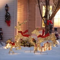 LuxenHome 3-Piece Champagne Gold PET Running Deer Family Outdoor Holiday Decoration With Lights Brown, Red -Garden GUEST c46105aa af08 44bf ab26 3c81bc0b498f