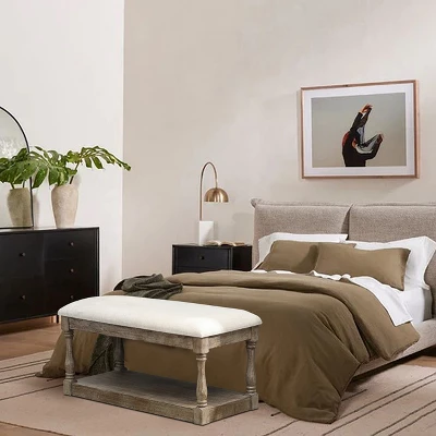 LuxenHome Upholstered Beige Linen Entryway And Bedroom Bench. 8 LuxenHome Upholstered Beige Linen Entryway And Bedroom Bench. - Image 6