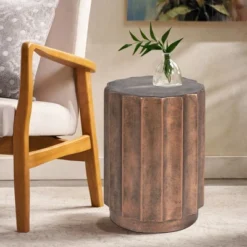 LuxenHome Outdoor Side Table,18" Weathered Copper Brown Cement Round Patio End Table,Accent Table For Outdoor And Indoor -Garden GUEST c6978846 a69e 4da9 a747 1c6d98d1c08f