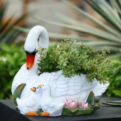LuxenHome White Resin Swan Family Planter