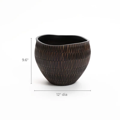 LuxenHome Brown With Black V-Pattern Polyresin 12-Inch Round Planter 9 LuxenHome Brown With Black V-Pattern Polyresin 12-Inch Round Planter - Image 7