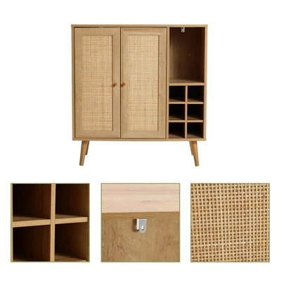 LuxenHome 35" Tall 2-Door Rattan Light Oak Finish Wood Wine And Storage Cabinet Brown 8 LuxenHome 35" Tall 2-Door Rattan Light Oak Finish Wood Wine And Storage Cabinet Brown - Image 6
