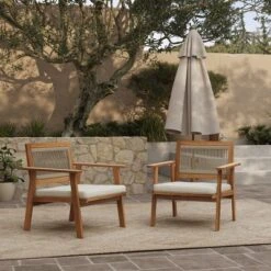 LuxenHome Outdoor Acacia Wood Rope Back Armchairs With Cushions, Set Of 2