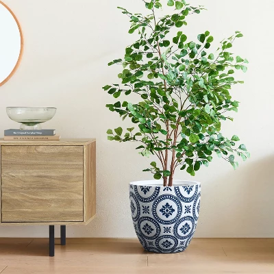 LuxenHome Round Tapered Planter – Blue And White Floral MgO Pot With Drainage Hole 4 LuxenHome Round Tapered Planter – Blue And White Floral MgO Pot With Drainage Hole - Image 2