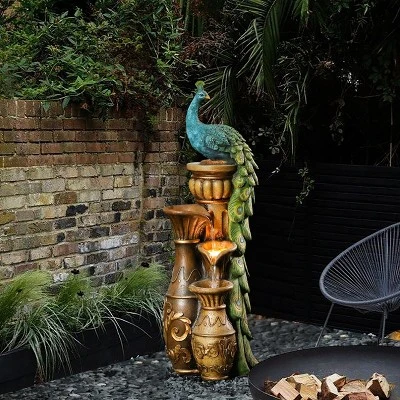 LuxenHome Peacock And Urns Resin Outdoor Fountain With LED Lights 3 LuxenHome Peacock And Urns Resin Outdoor Fountain With LED Lights