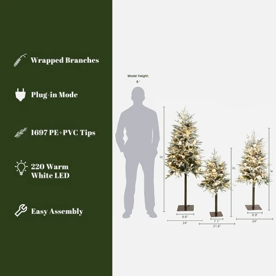 LuxenHome 3-Piece Pre-Lit Snowy Branches Artificial Christmas Tree Set With Metal Base Green 5 LuxenHome 3-Piece Pre-Lit Snowy Branches Artificial Christmas Tree Set With Metal Base Green - Image 3