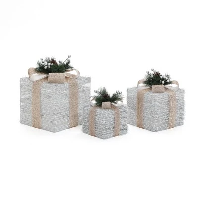 LuxenHome 3-Pc Lighted Silver Tinsel Gift Box Set With Champagne Ribbon, Outdoor Holiday Decoration Silver, Champagne, Green 8 LuxenHome 3-Pc Lighted Silver Tinsel Gift Box Set With Champagne Ribbon, Outdoor Holiday Decoration Silver, Champagne, Green - Image 6