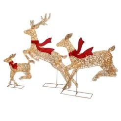 LuxenHome 3-Piece Champagne Gold PET Running Deer Family Outdoor Holiday Decoration With Lights Brown, Red -Garden GUEST d2266e14 f9b4 481b 9480 c82cbf043711