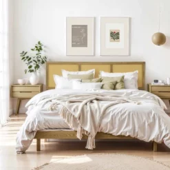 LuxenHome Natural Finish Rubberwood With Rattan Panels Headboard, Queen Brown -Garden GUEST d32daba5 2cca 4f54 a891 5f4a26a1e10c