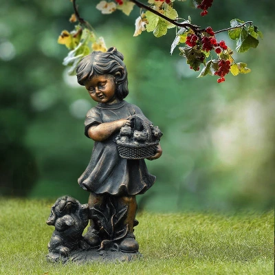 LuxenHome 23.31" Bronze MgO Girl Holding Basket Of Kittens With Puppy Garden Statue 6 LuxenHome 23.31" Bronze MgO Girl Holding Basket Of Kittens With Puppy Garden Statue - Image 4