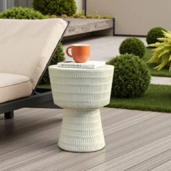 LuxenHome Outdoor Side Table, 15" Off White Round Spiral Pattern End Table,Accent Side Table For Outdoor And Indoor,Living Room,Backyard Off-White -Garden GUEST d4962926 f666 4eca 8049 9688ccc7a794