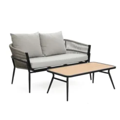 LuxenHome Outdoor Aluminum With PE Rope Loveseat Sofa With Cushions And Coffee Table Set -Garden GUEST d85a68a6 50dc 43a2 825e 41daa50638ea