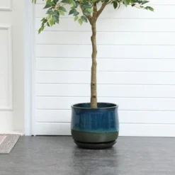 LuxenHome Blue And Green Ombre Round Decorative Ceramic Planter Pot