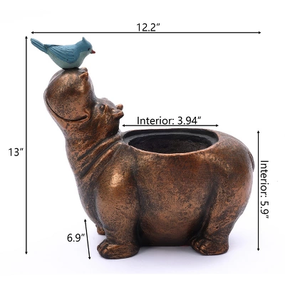 LuxenHome Brown Hippo And Blue Bird MgO Flower Pot Planter 4 LuxenHome Brown Hippo And Blue Bird MgO Flower Pot Planter - Image 2