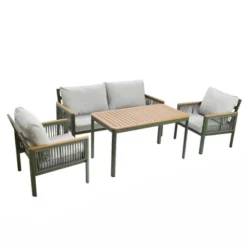 LuxenHome 4-Piece Outdoor Aluminum With Wood-Style Plastic Patio Set With Cushions -Garden GUEST dadf5de7 3cdd 48df 9054 54d68aa0235e