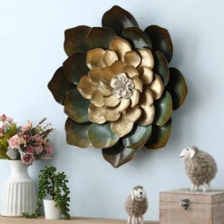 LuxenHome Green, Gold, And White Metal Flower Wall Decor -Garden GUEST dc4f4f71 1575 44ee 9ec9 e2c029cfc14b