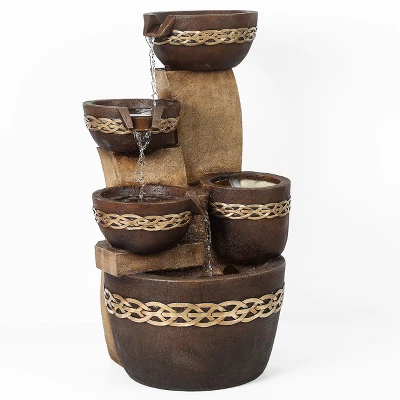 LuxenHome Brown Resin Tiered Bowls And Pot Outdoor Fountain 5 LuxenHome Brown Resin Tiered Bowls And Pot Outdoor Fountain - Image 3