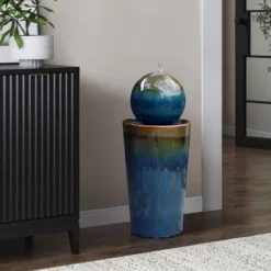 LuxenHome 30" Ceramic Outdoor Water Fountain, Glazed Blue Bubbling Sphere Garden Water Fountain Outdoor And Indoor -Garden GUEST df1ae535 2c0c 497e a12b b97a4c88560a