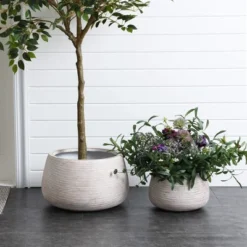 LuxenHome Rustic Indoor/Outdoor Planter – Round MgO Pot With Ribbed Texture -Garden GUEST dfea519e 02c0 43e2 a966 fdf859c9f99b