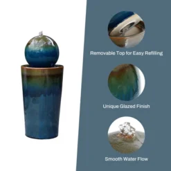 LuxenHome 30" Ceramic Outdoor Water Fountain, Glazed Blue Bubbling Sphere Garden Water Fountain Outdoor And Indoor -Garden GUEST e2403dcb 2993 4bc3 b985 ec913e69eb75