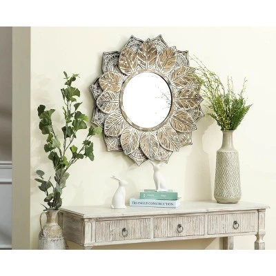 LuxenHome Distressed Brown And White Leaf Wreath Metal Frame Wall Mirror 4 LuxenHome Distressed Brown And White Leaf Wreath Metal Frame Wall Mirror - Image 2