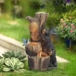 LuxenHome 21.9" H Bear And Honey Beehive Tree Resin Outdoor Fountain With Lights Brown -Garden GUEST e445c1e6 1a76 445e 9149 2981da0a172e
