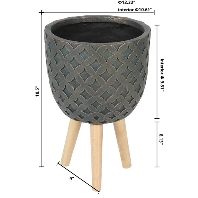 LuxenHome Butterfly Embossed Brown 12.3" Round MgO Planter With Wood Legs 7 LuxenHome Butterfly Embossed Brown 12.3" Round MgO Planter With Wood Legs - Image 5