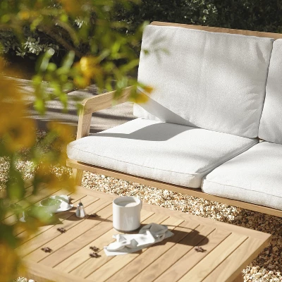 LuxenHome Outdoor Acacia Wood Coffee Table And Loveseat With Cushions 5 LuxenHome Outdoor Acacia Wood Coffee Table And Loveseat With Cushions - Image 3