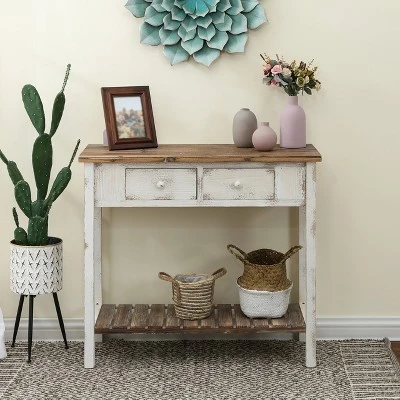 LuxenHome Distressed White And Wood 2-Drawer 1-Shelf Console Table And Entry Table 3 LuxenHome Distressed White And Wood 2-Drawer 1-Shelf Console Table And Entry Table
