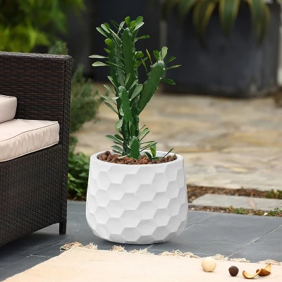 LuxenHome White MgO Geometric Design 12.2-inch Round Indoor Outdoor Planter 4 LuxenHome White MgO Geometric Design 12.2-inch Round Indoor Outdoor Planter - Image 2