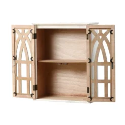 LuxenHome Farmhouse White And Natural MDF Wood Cathedral-Style 2-Door Wall Cabinet -Garden GUEST e75d238c 4fd1 4380 b249 c07f57497276