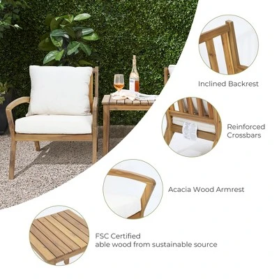 LuxenHome Outdoor Acacia Wood Side Table And Set Of 2 Armchairs With White Cushions 10 LuxenHome Outdoor Acacia Wood Side Table And Set Of 2 Armchairs With White Cushions - Image 8