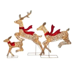 LuxenHome 3-Piece Champagne Gold PET Running Deer Family Outdoor Holiday Decoration With Lights Brown, Red -Garden GUEST ea6f6c85 adde 44e0 a967 a427ce3b2c36