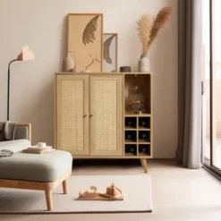 LuxenHome 35" Tall 2-Door Rattan Light Oak Finish Wood Wine And Storage Cabinet Brown 15 LuxenHome 35" Tall 2-Door Rattan Light Oak Finish Wood Wine And Storage Cabinet Brown -Garden GUEST ebdfae5c e754 4f6c b525 1be93e0179ea