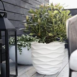 LuxenHome Decorative White Planter – Round MgO Pot With Wavy Texture For Indoor/Outdoor Plants