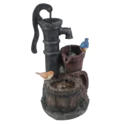 LuxenHome Resin Farmhouse Barrel And Water Pump Outdoor Fountain -Garden GUEST ef1a0932 b375 4303 a780 2d9efc87d7fc
