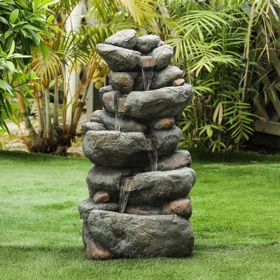 LuxenHome 33.5" H Gray Resin Cascading Rock Outdoor Fountain 3 LuxenHome 33.5" H Gray Resin Cascading Rock Outdoor Fountain