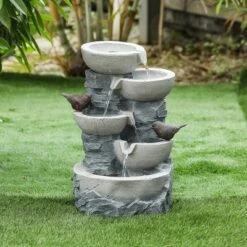 LuxenHome Gray Resin Bowls And Birds Outdoor Fountain