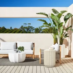 LuxenHome Off White With Gray Cement Round Side Table -Garden GUEST f3af4a76 72f1 4ea6 b8d2 873a6f3787bd