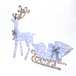 LuxenHome 2-Piece White Reindeer And Sleigh With Silver Bow And Ornaments Outdoor Holiday Decoration With Lights White, Multi, Silver, Brown -Garden GUEST f45a5f61 f958 4428 b27c 044752801559