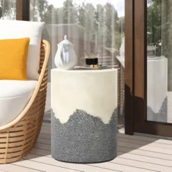 LuxenHome Outdoor Patio Table, 17" Gray And Cream Cement Round Side Table,Modern Garden Decorative Stool,Outdoor Accent End Table -Garden GUEST f7d3eb12 4c19 47e6 991d 35ee9ef25563