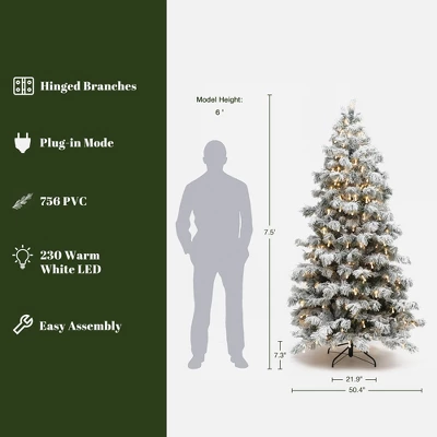 LuxenHome 7.5Ft Snow-Flocked Cedar Christmas Tree Pre-Lit With Teardrop LED Lights & Hinged Branches Green 4 LuxenHome 7.5Ft Snow-Flocked Cedar Christmas Tree Pre-Lit With Teardrop LED Lights & Hinged Branches Green - Image 2