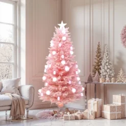 LuxenHome 6Ft Pink Cherry Blossom Christmas Tree With Fiber Optic Lights & Snowman Star Topper -Garden GUEST fa3bf813 1679 44df 819f ee018d403d6e