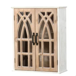 LuxenHome Farmhouse White And Natural MDF Wood Cathedral-Style 2-Door Wall Cabinet -Garden GUEST fa4615da 1130 4396 9ab9 88b1c1eebfef