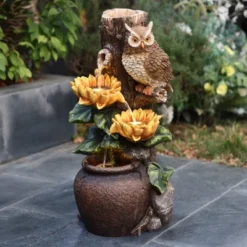 LuxenHome 28 Inch Outdoor Water Fountain, Owl And Sunflower Cascading Waterfall Fountain Outdoor And Indoor With LED Lights Brown