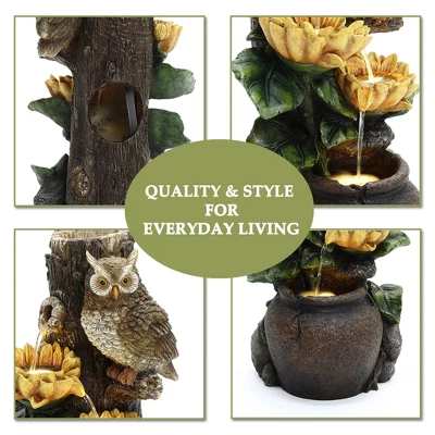 LuxenHome 28 Inch Outdoor Water Fountain, Owl And Sunflower Cascading Waterfall Fountain Outdoor And Indoor With LED Lights Brown 11 LuxenHome 28 Inch Outdoor Water Fountain, Owl And Sunflower Cascading Waterfall Fountain Outdoor And Indoor With LED Lights Brown - Image 9
