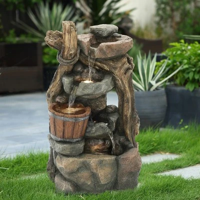 LuxenHome Resin Stacked Rock Wall And Barrel Outdoor Fountain With Lights Brown 4 LuxenHome Resin Stacked Rock Wall And Barrel Outdoor Fountain With Lights Brown - Image 2