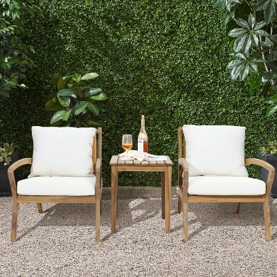 LuxenHome Outdoor Acacia Wood Side Table And Set Of 2 Armchairs With White Cushions 3 LuxenHome Outdoor Acacia Wood Side Table And Set Of 2 Armchairs With White Cushions