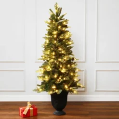 LuxenHome 4.5Ft Pre-Lit Artificial Pine Christmas Tree With Pinecones And Black Urn Planter Pot Green -Garden GUEST fd7aee30 6a94 49a4 b449 d039e848a336